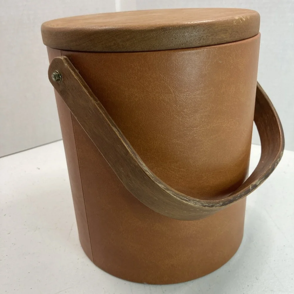 Vintage MCM Bar George Briard Leather Shell Vinyl Ice Bucket Wooden Handle 60's